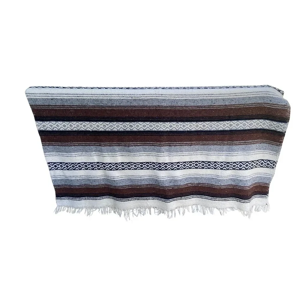 VTG Mexican Serape Blanket Brown Gray Black White Stripes 56x82 Acrylic